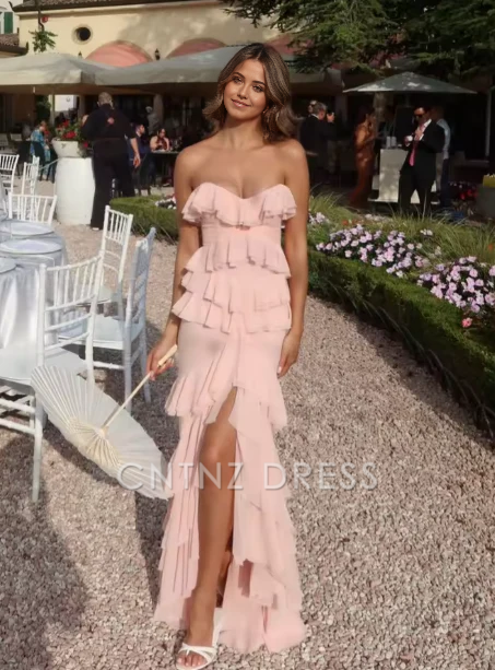 Wholesa Mermaid Chiffon Ruffles Tiered Charming Pink formal dresses Bridesmaid Dresses evening gown Prom Dress