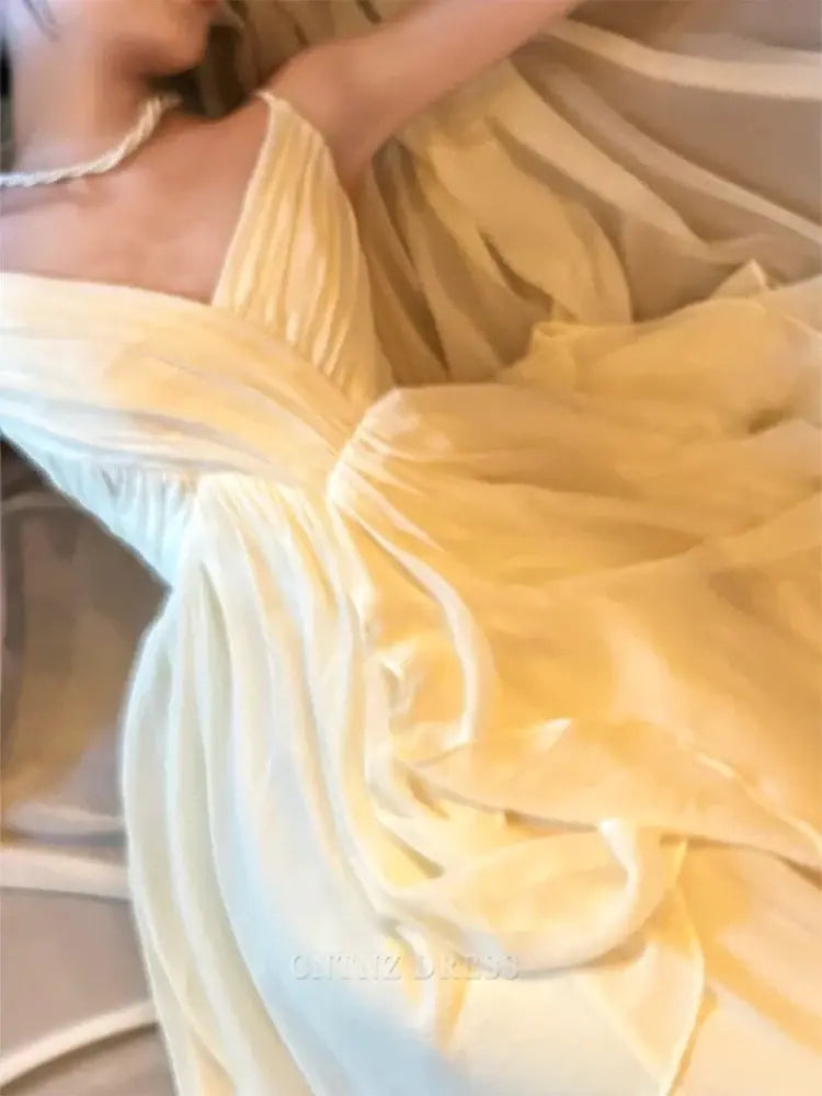 Wholesa A Line Spaghetti Straps Ivory Chiffon Long formal dresses Bridesmaid Dresses evening gown Prom Dress