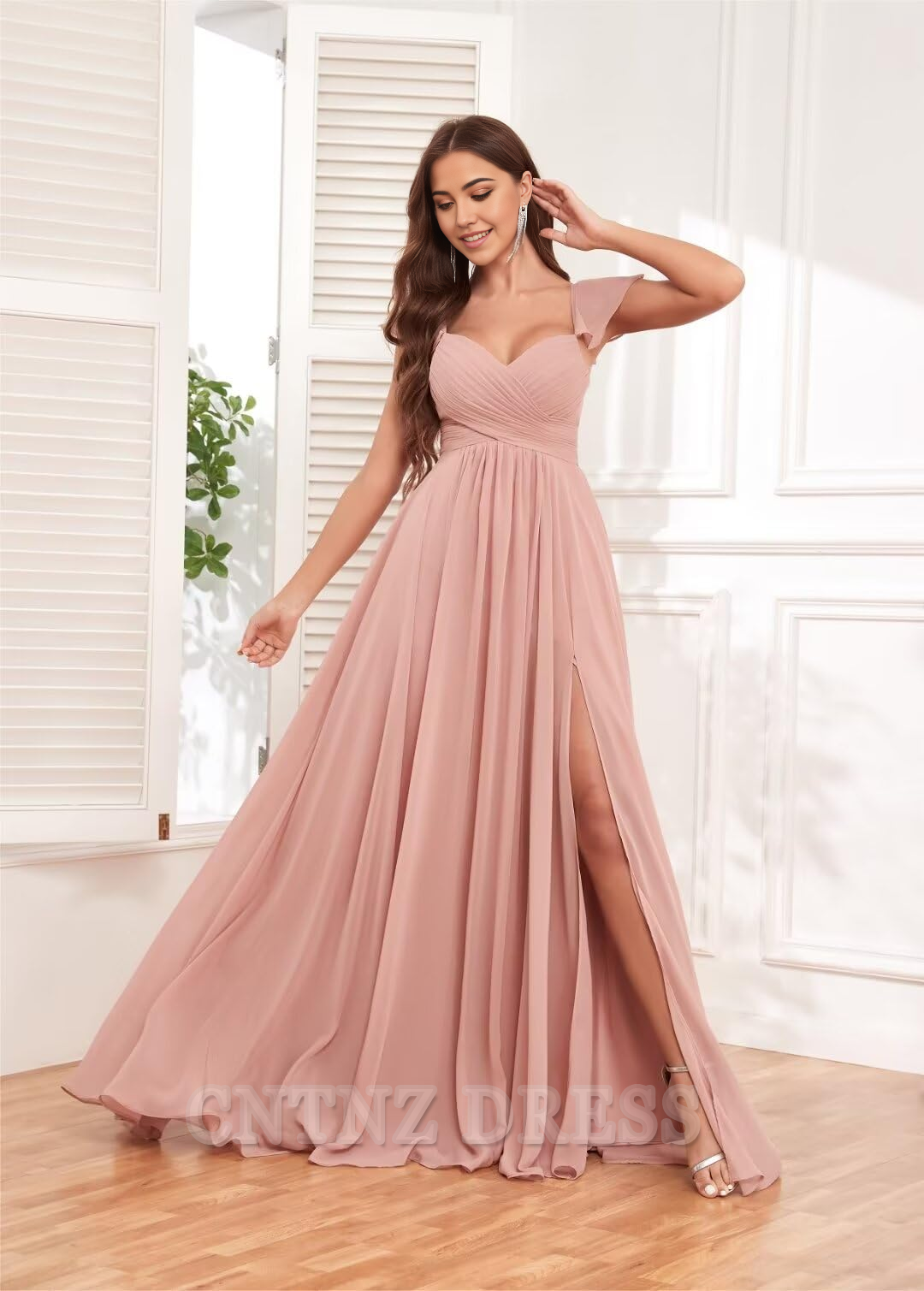 Wholesa A-line Ruffle Backless Chiffon Pleated formal dresses Bridesmaid Dresses evening gown Prom Dress with Pockets Slit