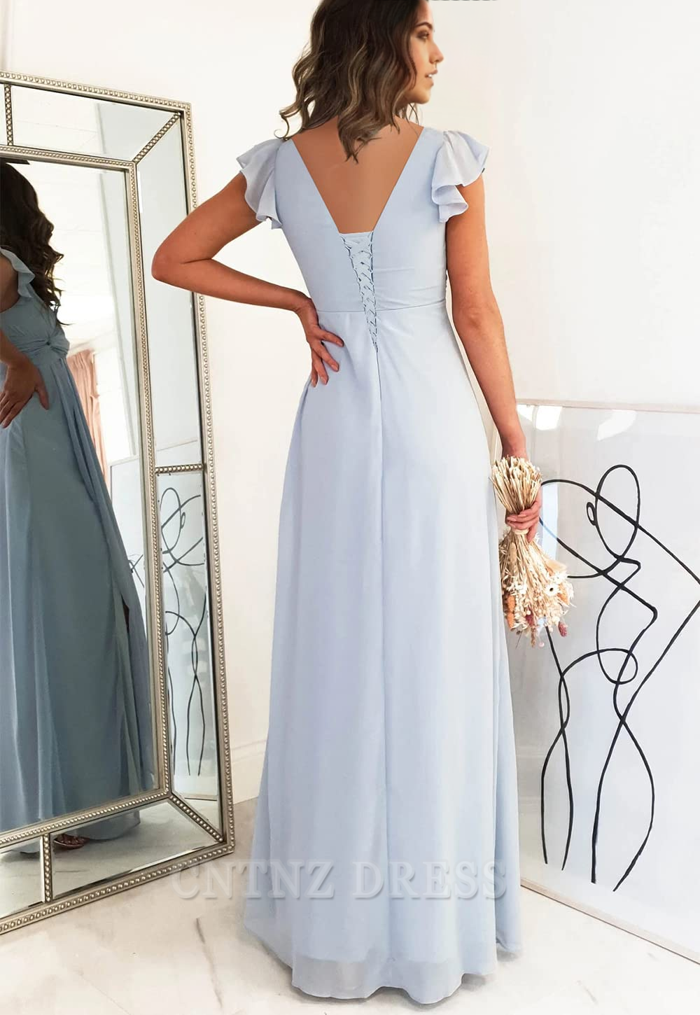 Wholesa A-line V Neck Chiffon Long formal dresses Bridesmaid Dresses evening gown Prom Dress with Sleeves
