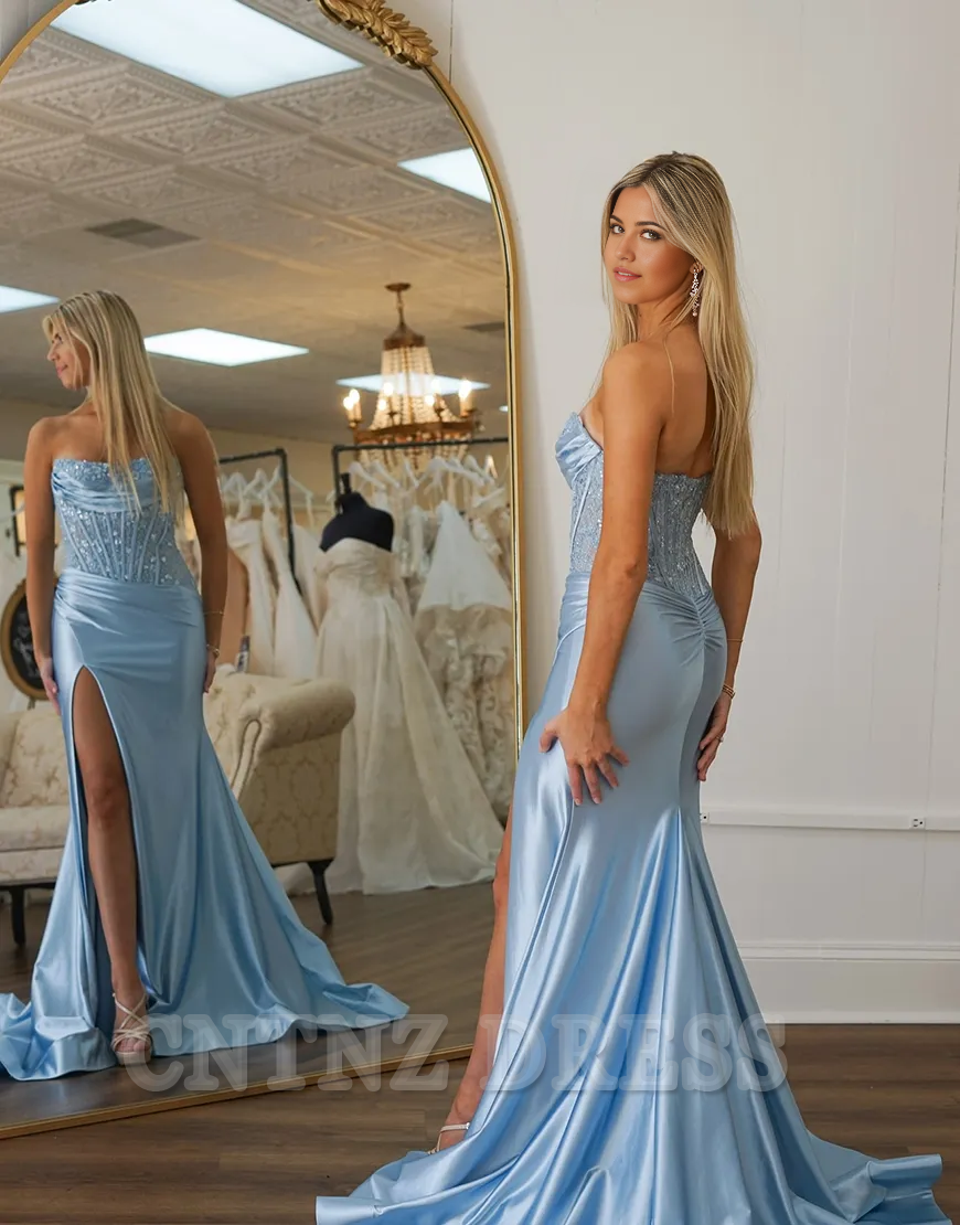 Wholesa Mermaid Sparkly Strapless Laced Corset Blue Long formal dresses evening gown Prom Dress with Slit
