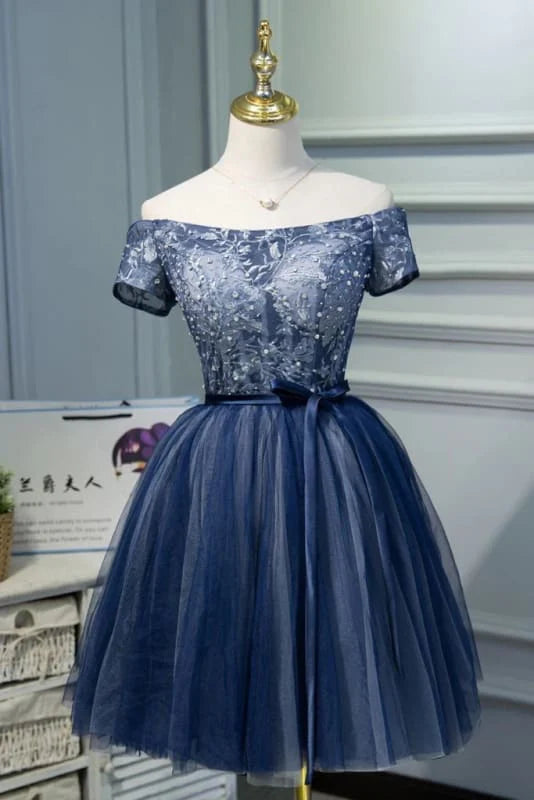 CNTNZ DRESS Hot Sale Homecoming Dress A Line Off the Shoulder Tulle Belt Cute Graduation Dress Applique Exquisite Short Prom Dress