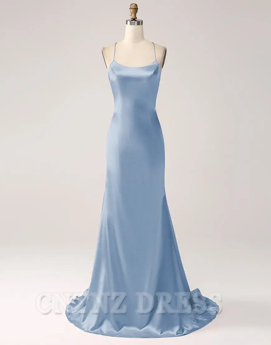 Wholesa Mermaid Spaghetti Straps Satin Lace-Up Blush Long formal dresses evening gown Prom Dress