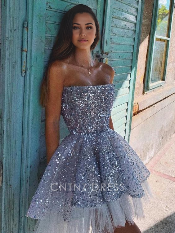 Wholesa A-line Sparkly Sequin Tulle Backless Homecoming Dress formal dresses Bridesmaid Dresses evening gown Prom Dress