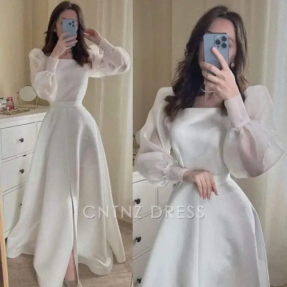 Wholesa A-line Long Sleeve White formal dresses Bridesmaid Dresses evening gown Prom Dress