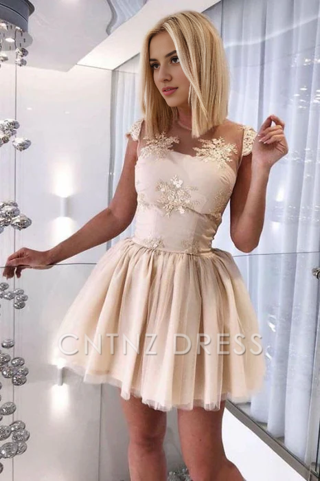 CNTNZ DRESS Hot Sale Short Prom Dress A-Line Sheer Neck Cap Sleeves Open Back with Appliques Cute Homecoming Dress