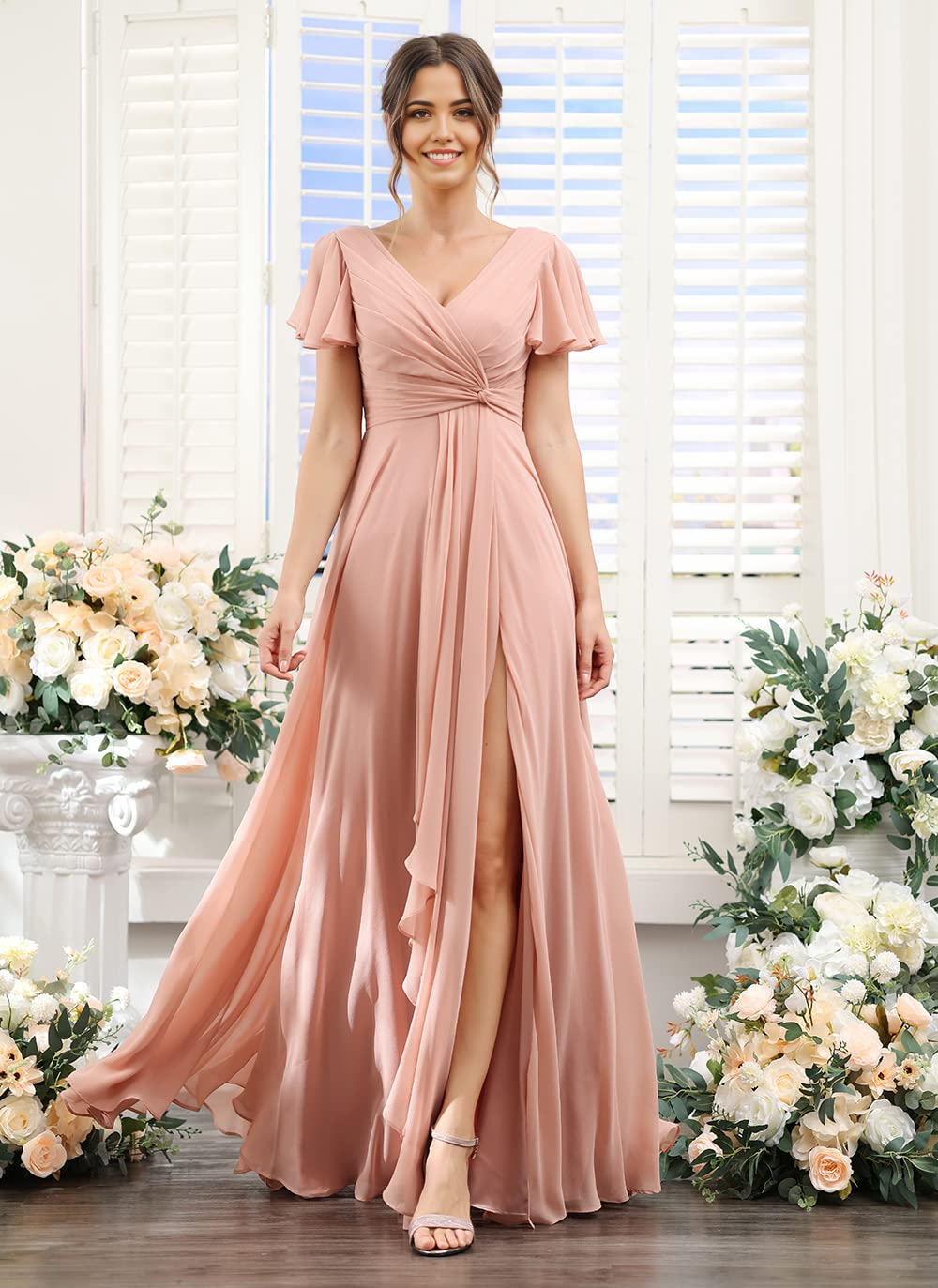 Wholesa A-line V Neck Chiffon Long formal dresses Bridesmaid Dresses evening gown Prom Dress with Sleeves
