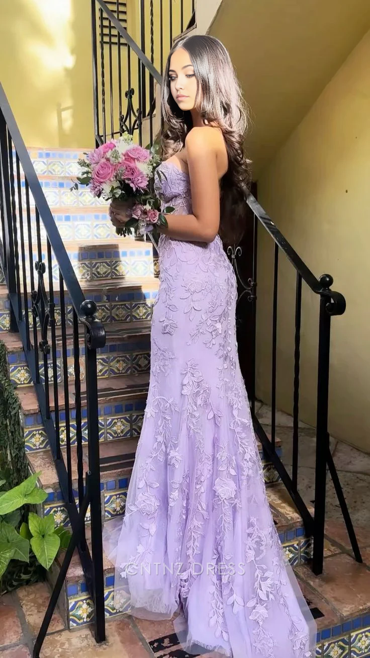 Wholesa Mermaid Strapless Tulle Lace Appliques Purple formal dresses Bridesmaid Dresses evening gown Prom Dress