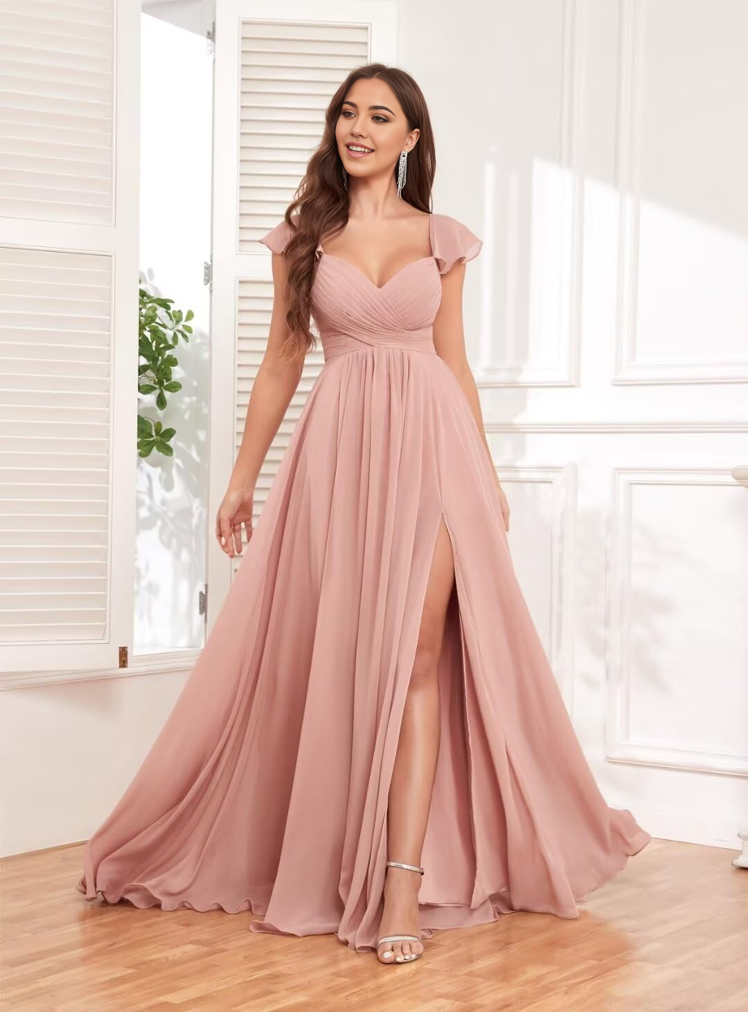 Wholesa A-line Ruffle Backless Chiffon Pleated formal dresses Bridesmaid Dresses evening gown Prom Dress with Pockets Slit