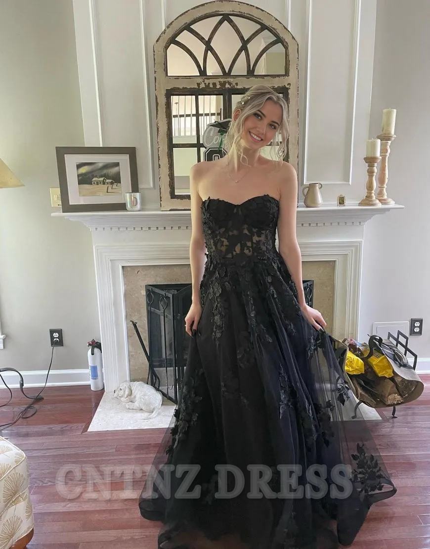 Wholesa A-Line Strapless sleeveless formal dresses evening gown Prom Dress With Appliques