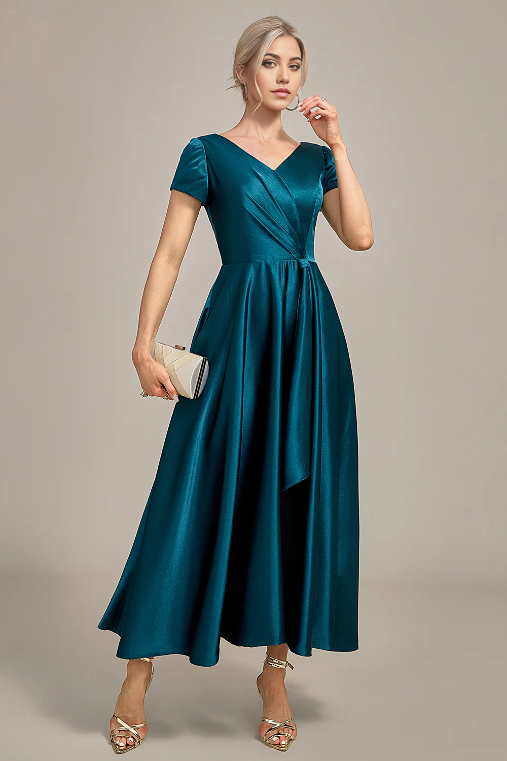 Wholesa A-line V-neck Pleated Satin Mother of the Bride Dress
