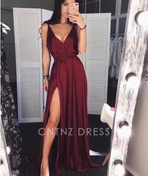 Wholesa A-line Simple V-Neck Satin Burgundy formal dresses Bridesmaid Dresses evening gown Prom Dress With Split