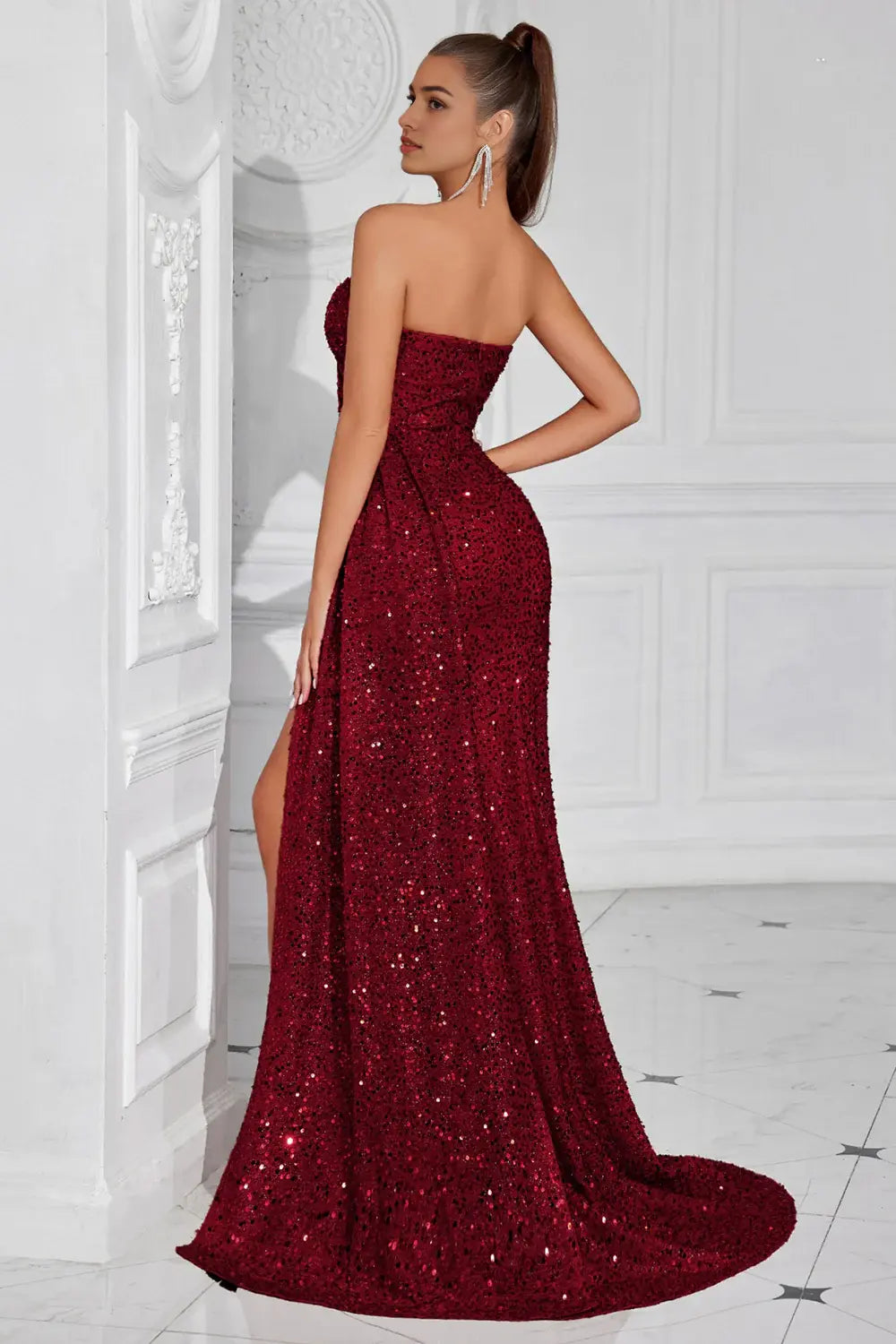 Sparkly Burgundy Sequin Mermaid Strapless Sweetheart Neckline Sleeveless with Side Cape Sexy Long Prom Dress For Women Formal Dress