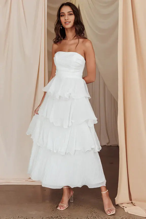 Exquisite A Line Strapless Layered Ruffle Edges Sleeveless Backless Romantic Long Wedding Guest Dress Hot Sale Prom Dress
