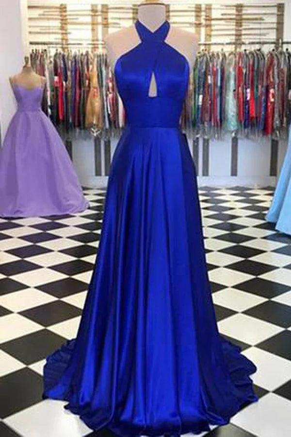 Wholesa A-line Round Neck Satin Long Formal Dress Prom Dresses