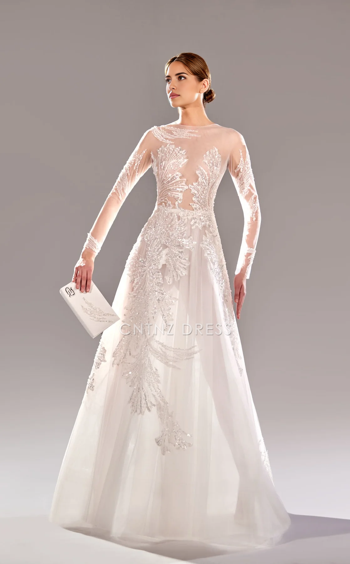 CNTNZ DRESS Shiny A-Line Round Neckline Long Sleeves Dress Gorgeous Hot Sale Wedding Dress