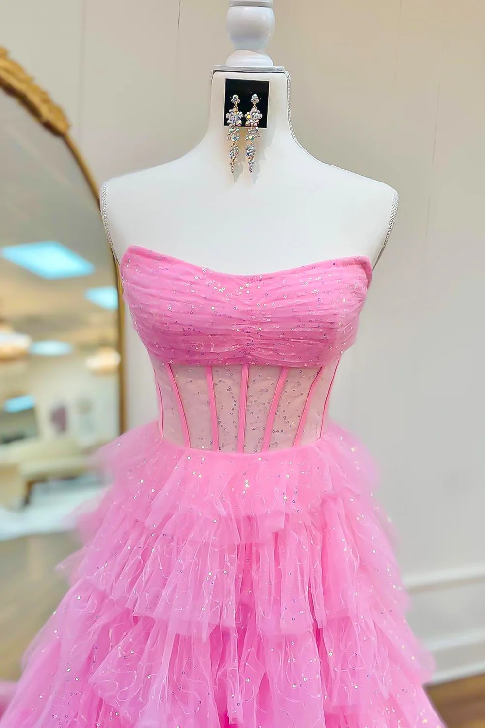 Wholesa Glitter Ruffled Corset Long Tulle Prom Dress