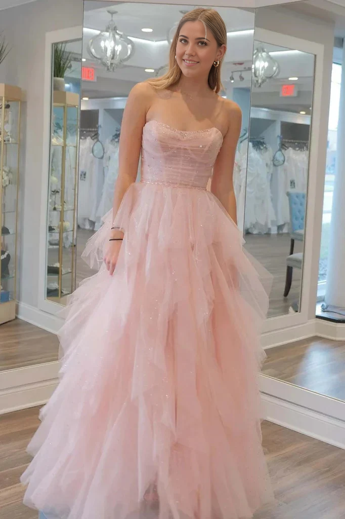 Wholesa Strapless Sequin Beaded Tulle Stunning Prom Dress