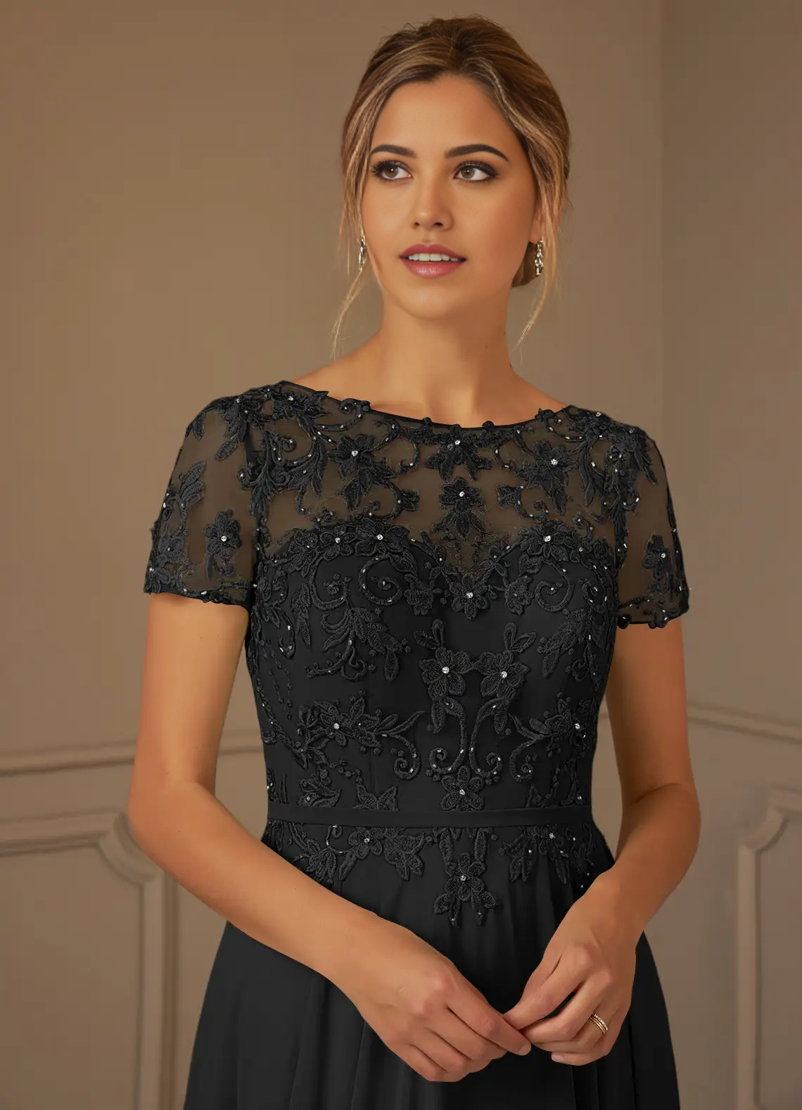 Wholesa A-Line Boatneck Sequins Chiffon Black dresses formal Mother of the Bride Dresses