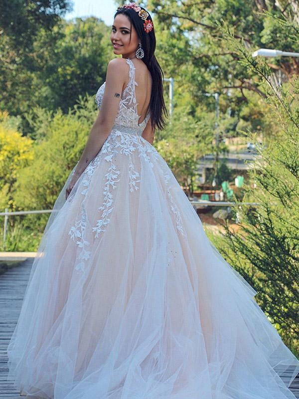 Wholesa A-Line V-neck Princess Applique Tulle Sleeveless Sweep Train Wedding Dresses