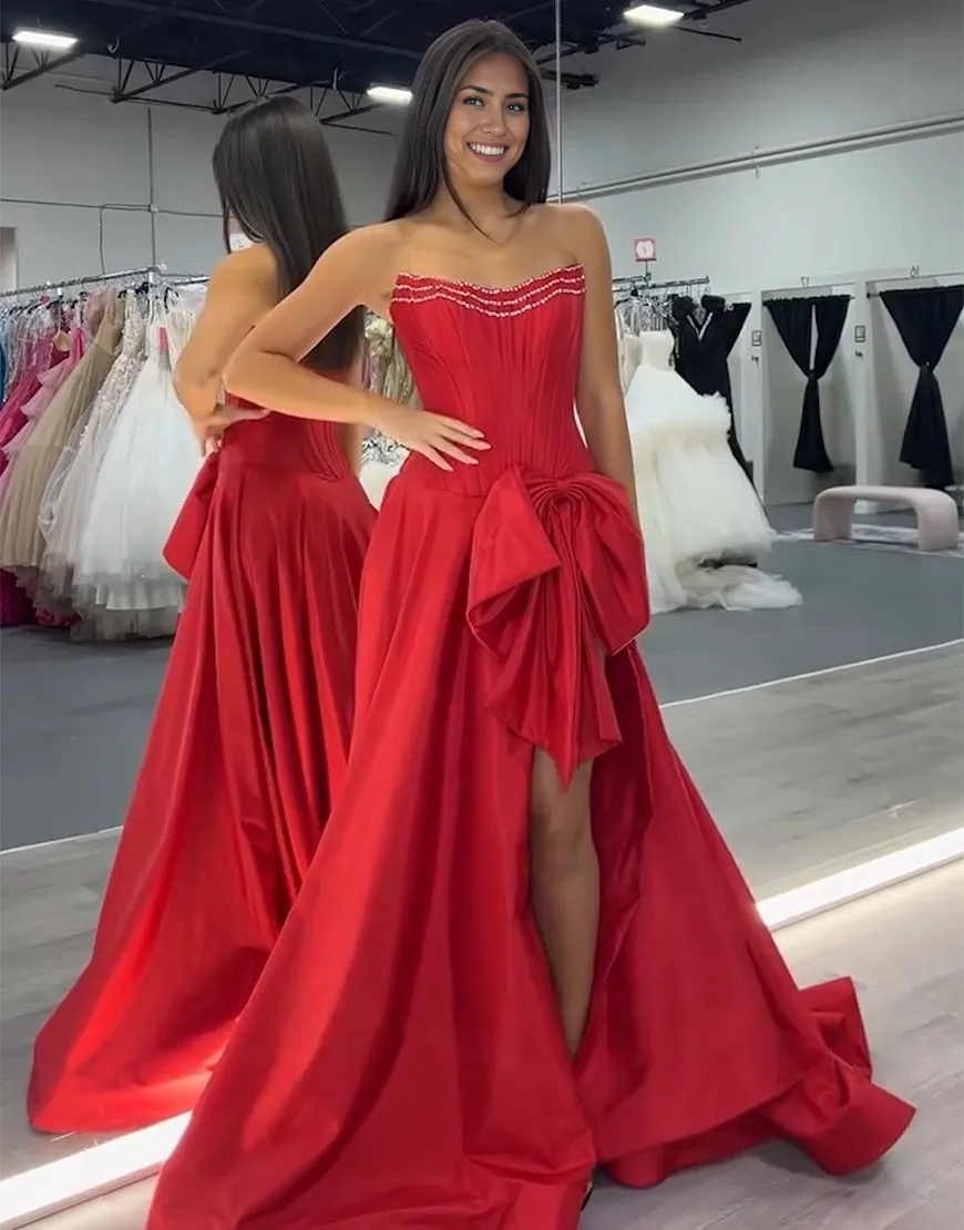 Wholesa A-Line Sparkly Strapless Beaded Corset Satin Bow Red formal dresses evening dress Long Prom Dress with Slit