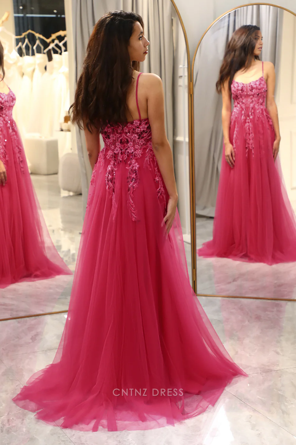 Wholesa A Line Spaghetti Appliques Straps Tulle Long Fuchsia formal dresses Bridesmaid Dresses evening gown Prom Dress