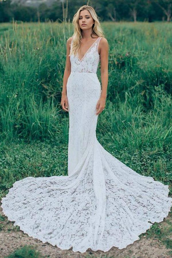 Wholesa Mermaid V-Neck Sleeveless Ruched Backless Lace Wedding Dress With Court Train