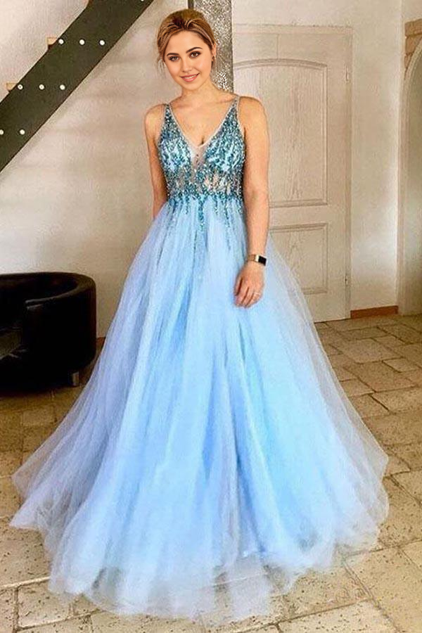 Wholesa A-Line V-Neck Appliques Tulle Backless Prom Dress with Sequins