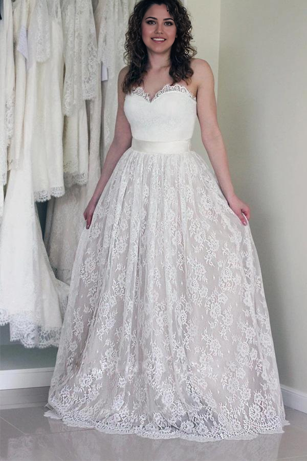 Wholesa A-line Sweetheart Sleeveless Long White Wedding Dress with Lace