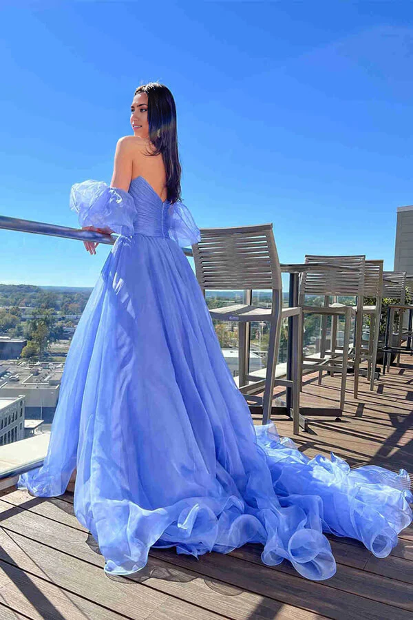 Wholesa A-line Blue Puff Sleeves Beautiful Tulle Long Prom Dress
