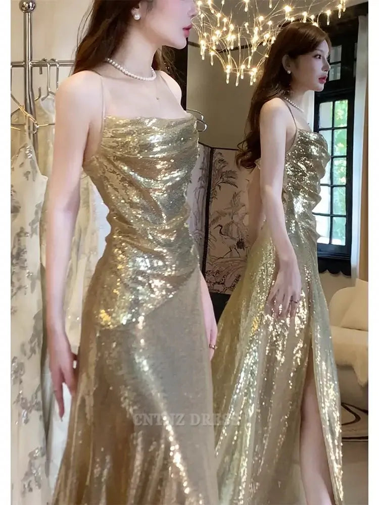 Wholesa Sheath Spaghetti Straps Gold Sequin Slit formal dresses Bridesmaid Dresses evening gown Prom Dress