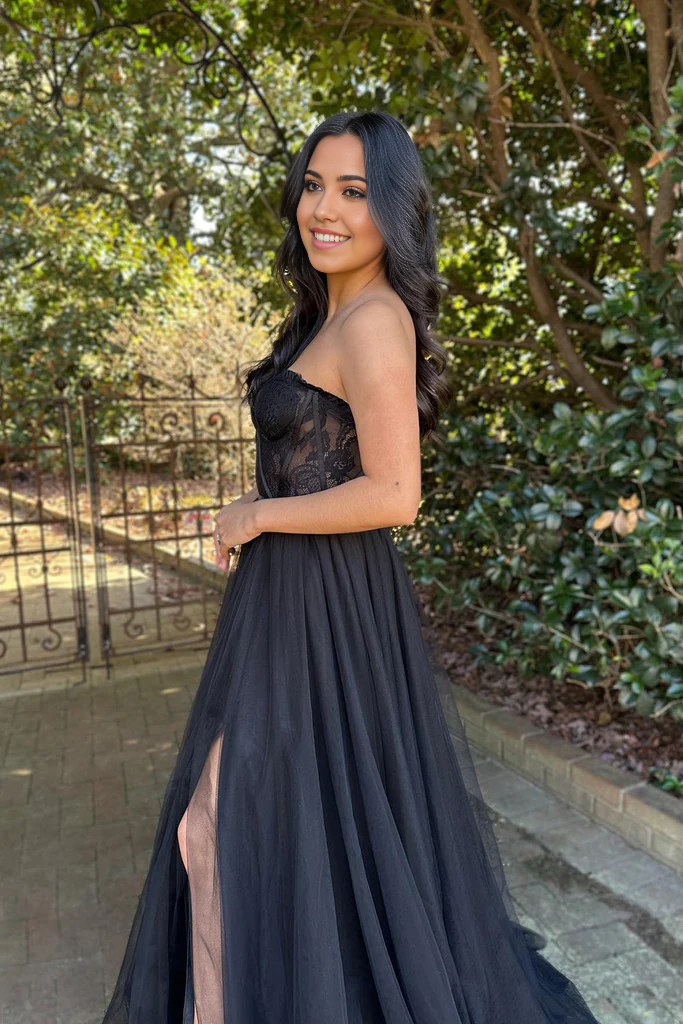 Wholesa A-Line Sweetheart Neck Lace Black Long Prom Dress Formal Dress