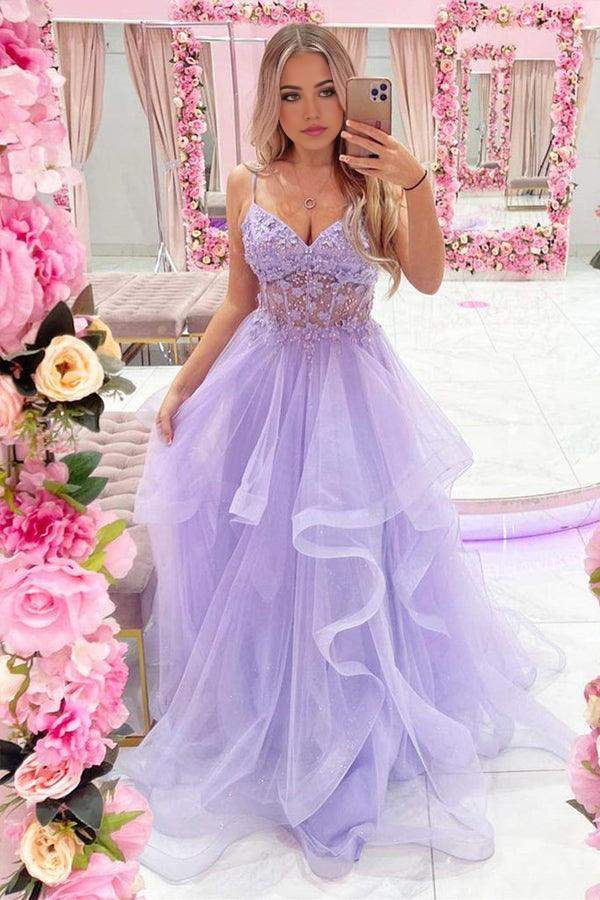 Wholesa A-line V Neck Beaded Purple Lace Floral Gorgeous Long Prom Dresses