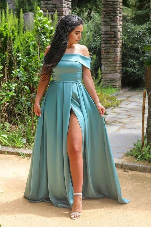 Wholesa A-line Off-the-shoulder Neckline Satin Prom Dresses Evening Dresses