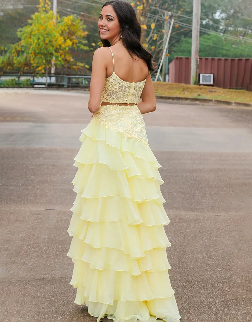 Wholesa Sheath Sparkly Spaghetti Straps Appliques Ruffles Yellow Long formal dresses evening gown Prom Dress with Slit