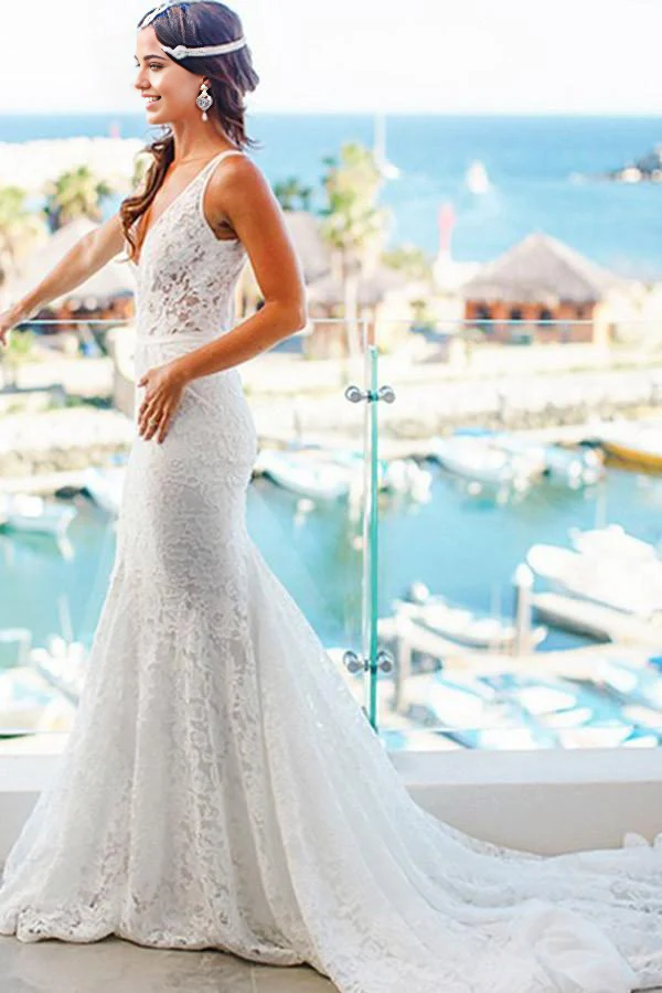 Wholesa Beach Mermaid Lace V-neck Court Train Wedding Dress