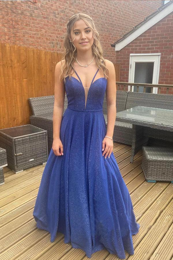 Wholesa A-line Sparkly V-neckline Sweep Train Prom Dresses Evening Gowns