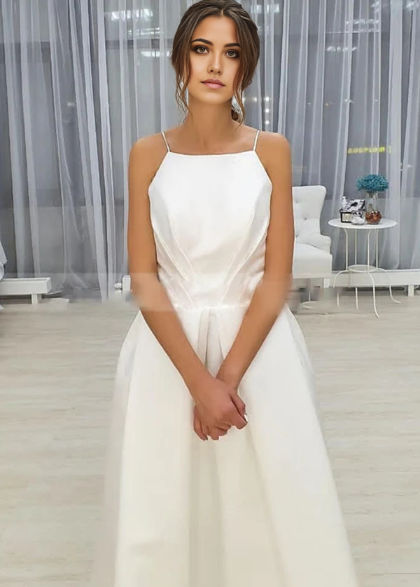 Wholesa A-Line Sleeveless Spaghetti-Straps Simple Open Back Tea Length Wedding Dress with Pockets
