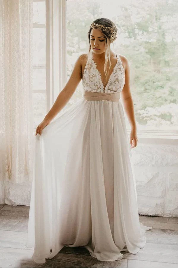 Wholesa A-line Deep V-Neck Elegant Criss Cross Wedding Dress with Waistband