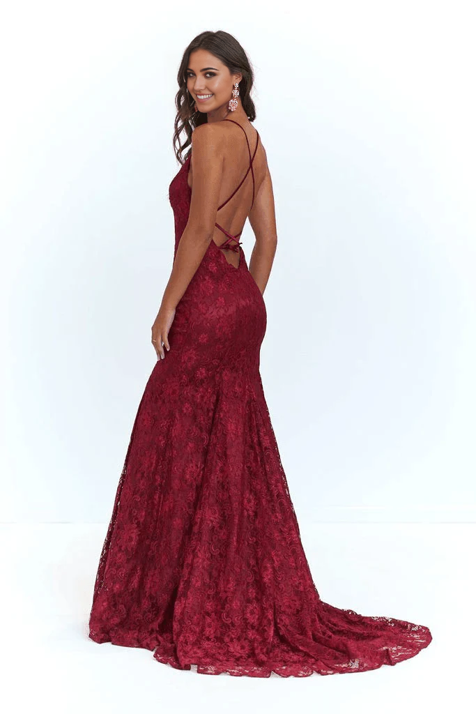 Wholesa Mermaid Spaghetti Straps Lace Backless Burgundy Prom Dress