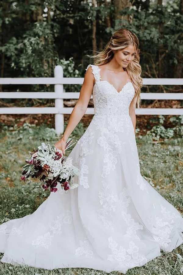 Wholesa A-line Beautiful Lace Tulle V-neck Forest Wedding Dress