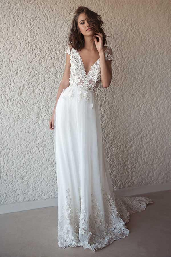 Wholesa A-line Ivory Cap Sleeve See Through Wedding Dresses Beach Bridal Dress