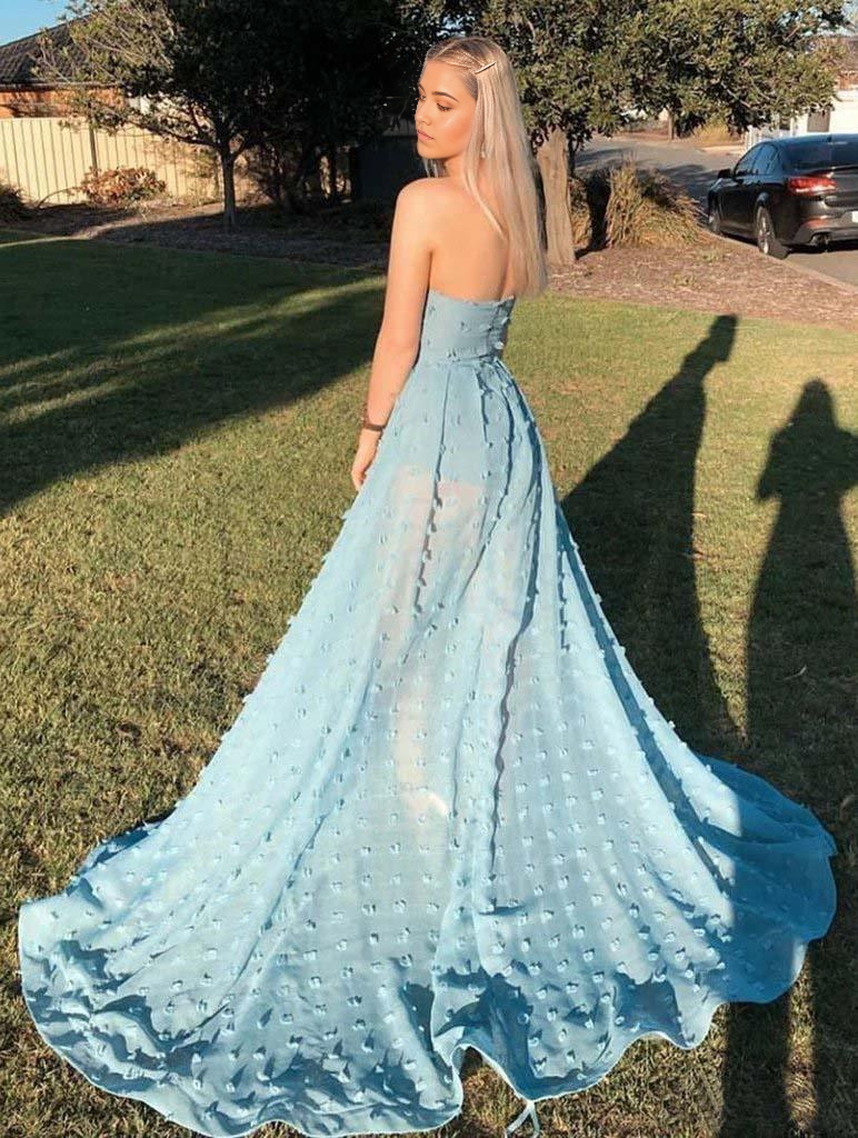 Wholesa A-Line Strapless Sky Blue Lace High Split Long Prom Dresses Formal Dress