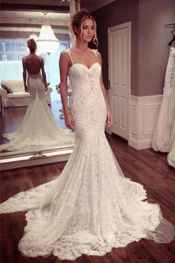 Wholesa Mermaid Sweetheart Strap Backless Lace Ball Gown Wedding Dress