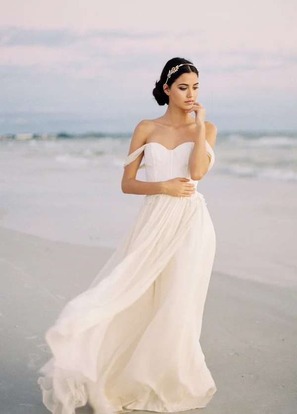 Wholesa A-line Off-the-Shoulder Backless Beach Chiffon Wedding Dress with Lace Bodice