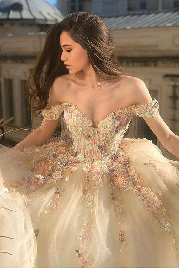 Wholesa A-line Gorgeous Off Shoulder Champagne Lace Floral Prom Dress Forml Dress