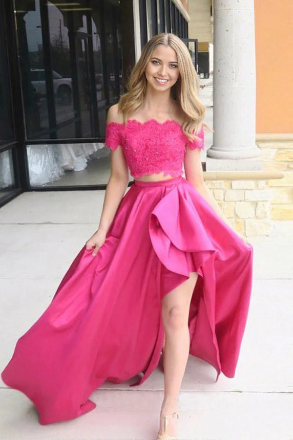 Wholesa Two Piece Off-the-Shoulder Short Sleeves Fuchsia Prom Dress with Pockets