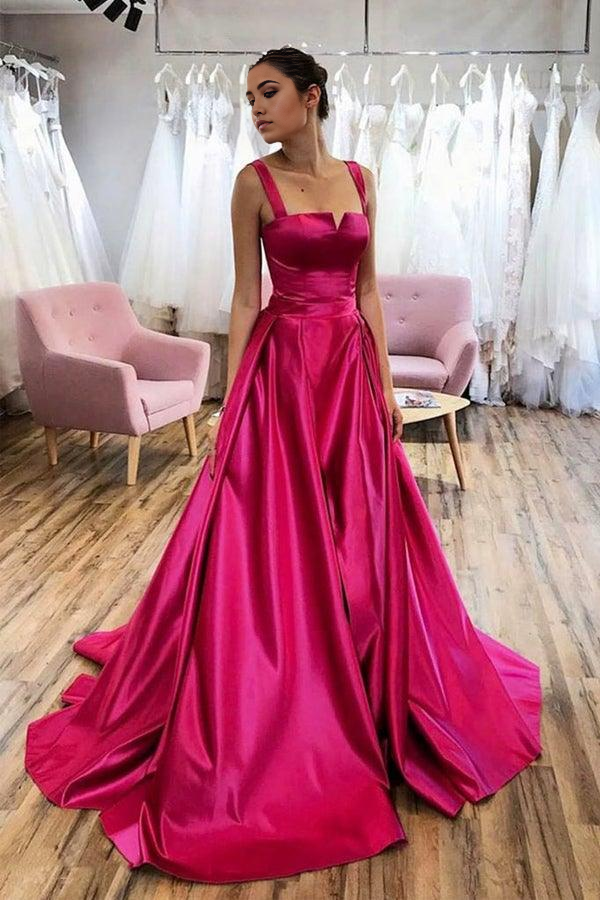 Wholesa A-line Satin Long Prom Dress Court Train Hot Pink Evening Dress