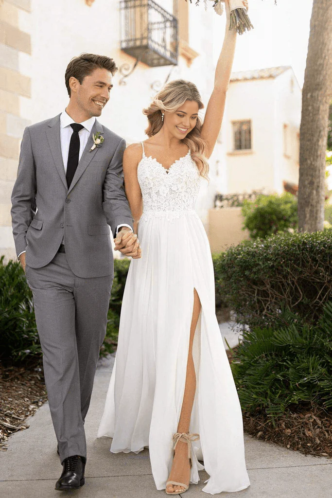 Wholesa Beach Spaghetti Straps Lace Split Chiffon Long Wedding Dresses