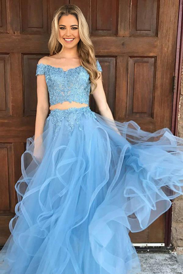 Wholesa Two Piece Off The Shoulder Sky Blue Organza formal dresses evening gown Prom Dress with Appliques